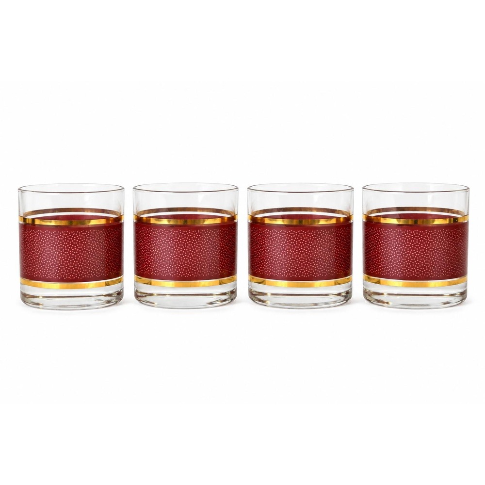 MCM Burgandy & Gold Stripe Rock Glasses -Set of 4-6oz Glasses